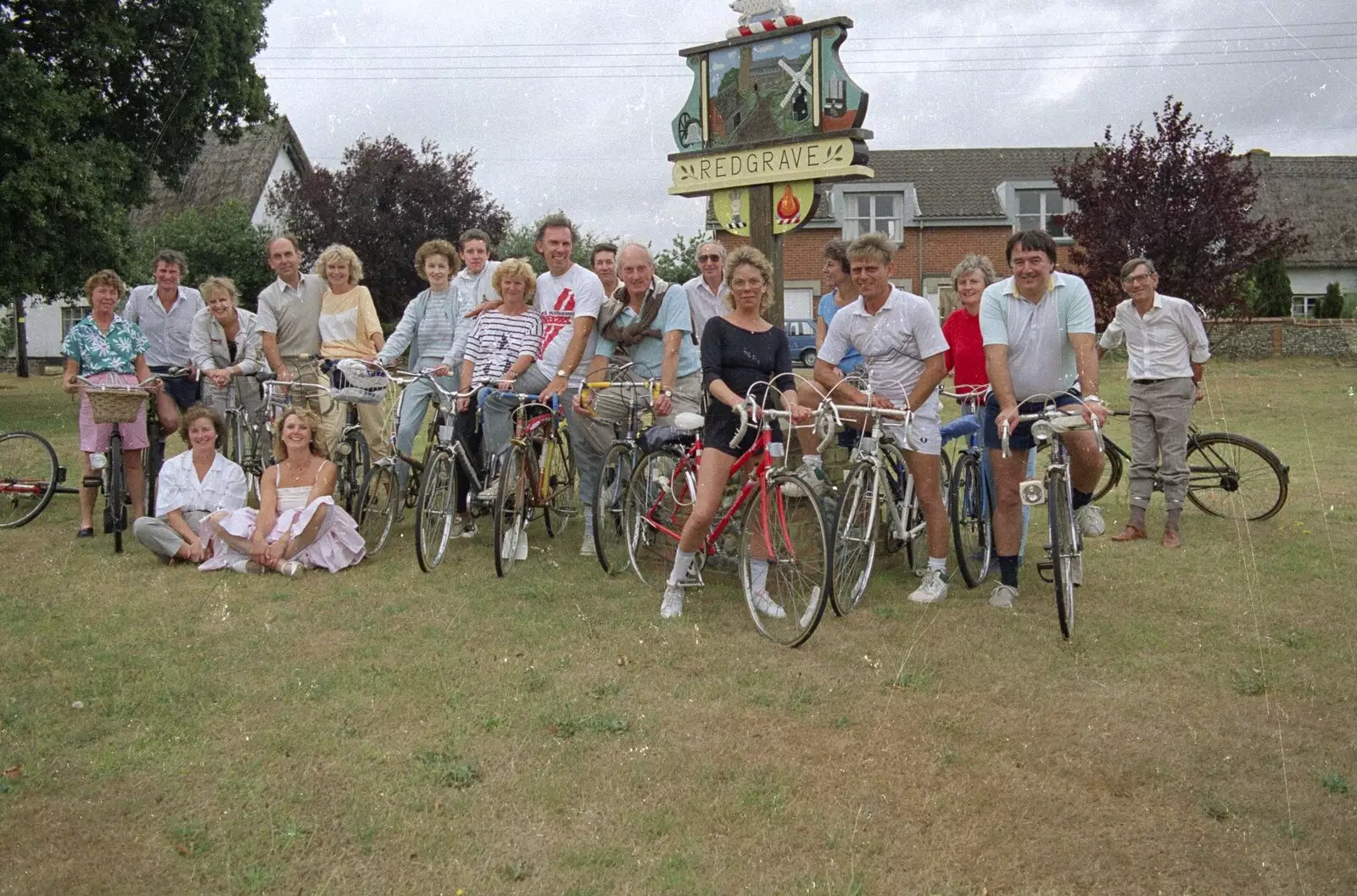 A big group shot on Redgrave village green, from A Bike Ride to Redgrave, Suffolk - 11th August 1990