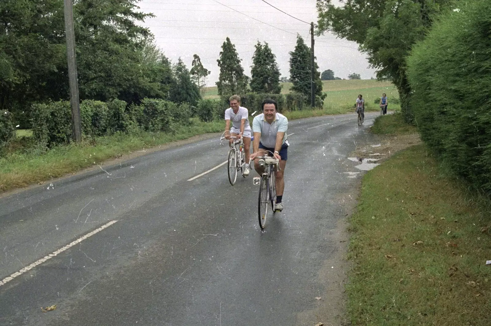 Corky speeds down Denmark Hill, from A Bike Ride to Redgrave, Suffolk - 11th August 1990