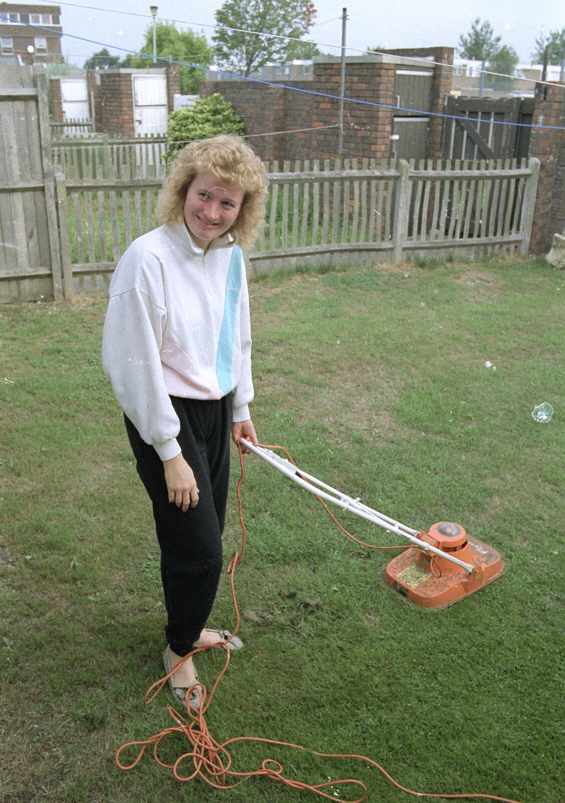 Maria does a spot of mowing with the Flymo from A Trip to Sean's, and a Battle of Britain Flypast, Farnborough, Suffolk and London - 15th September 1990
