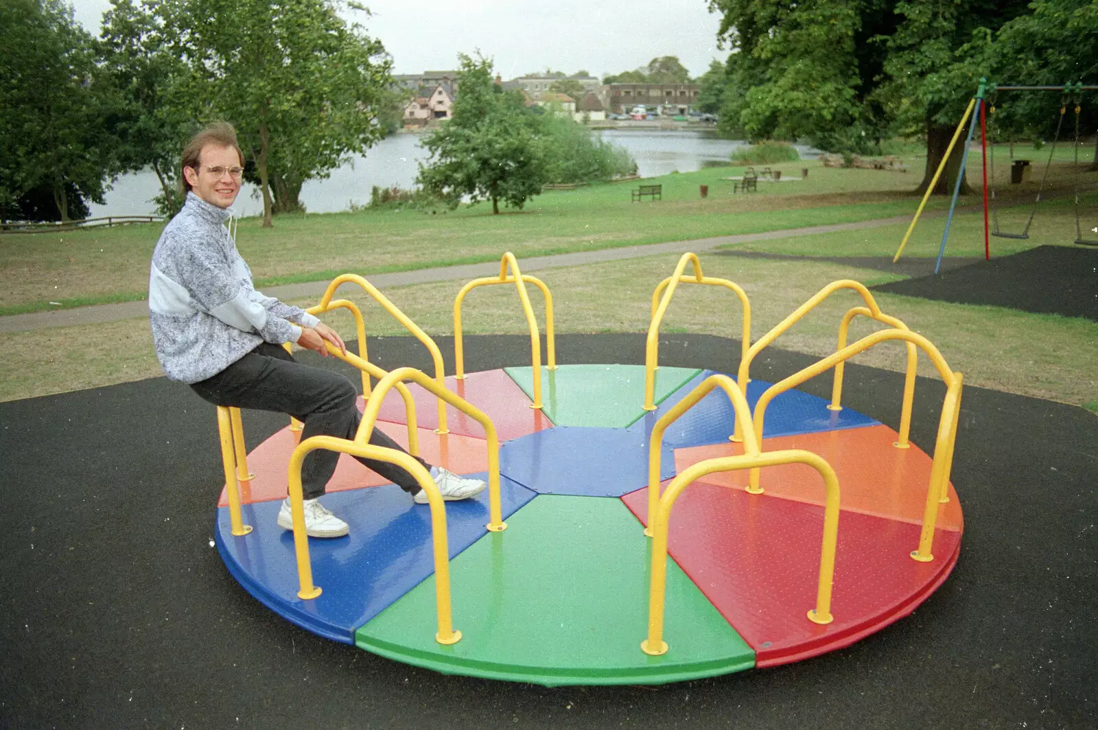 Phil's on a roundabout in Diss Park, from A Trip to Sean's, and a Battle of Britain Flypast, Farnborough, Suffolk and London - 15th September 1990