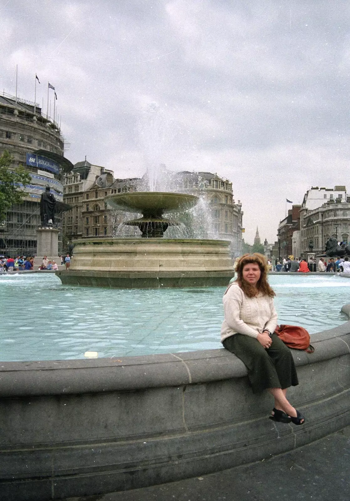 Sis sits on a wall in Trafalgar Square, from A Trip to Sean's, and a Battle of Britain Flypast, Farnborough, Suffolk and London - 15th September 1990