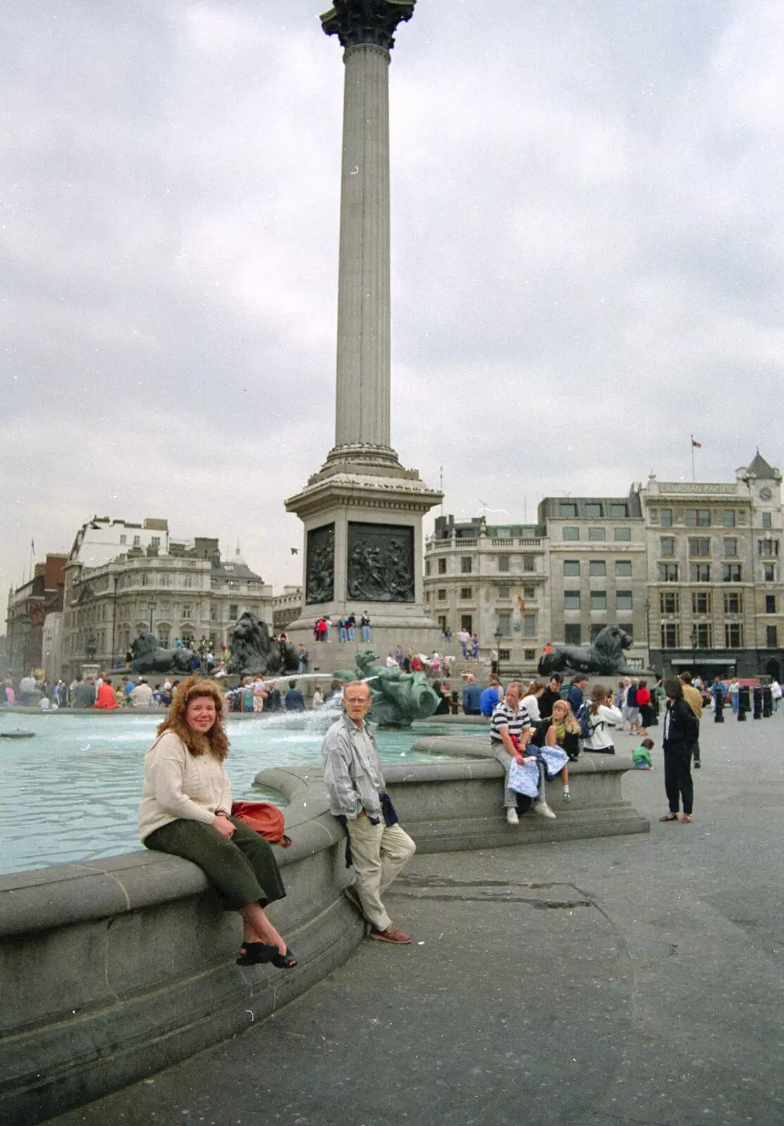 Sis in front of Nelson's Column, from A Trip to Sean's, and a Battle of Britain Flypast, Farnborough, Suffolk and London - 15th September 1990