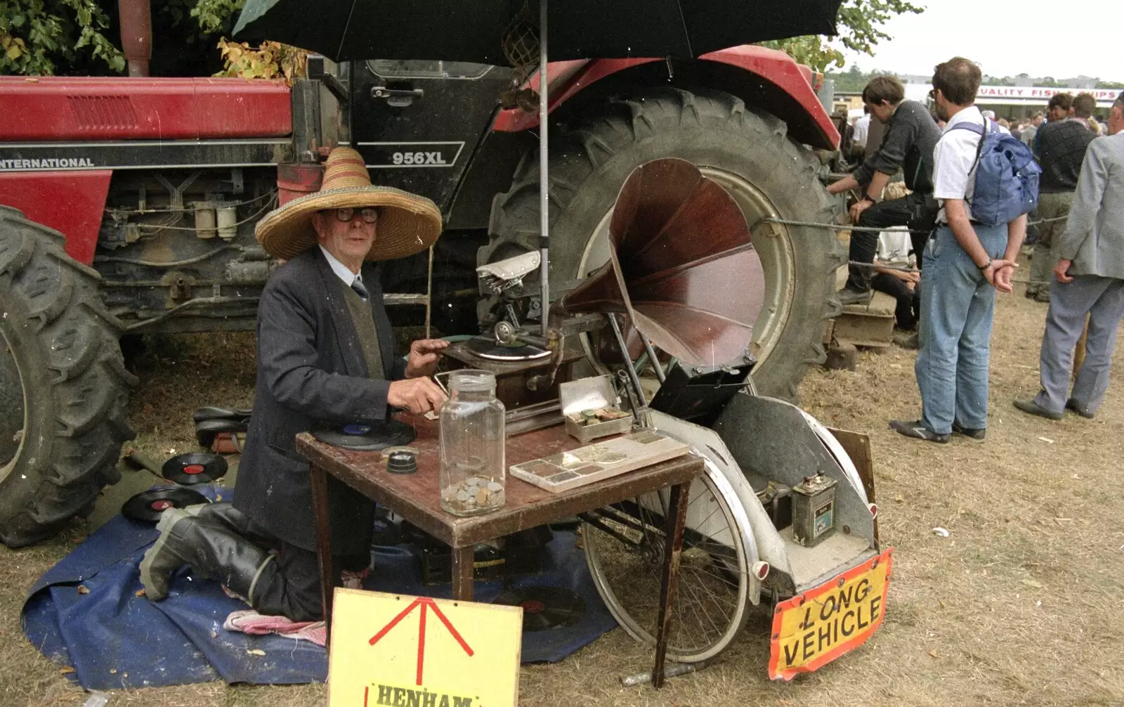 A bloke in a sombrero plays 78 records on a gramophone, from The Henham Steam Fair, Henham, Suffolk - 19th September 1990