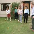 Janet punts along her croquet ball, Croquet, and Printec at the Railway Tavern, Stuston and Diss - 30th September 1990