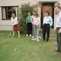 Janet punts along her croquet ball, Croquet, and Printec at the Railway Tavern, Stuston and Diss - 30th September 1990