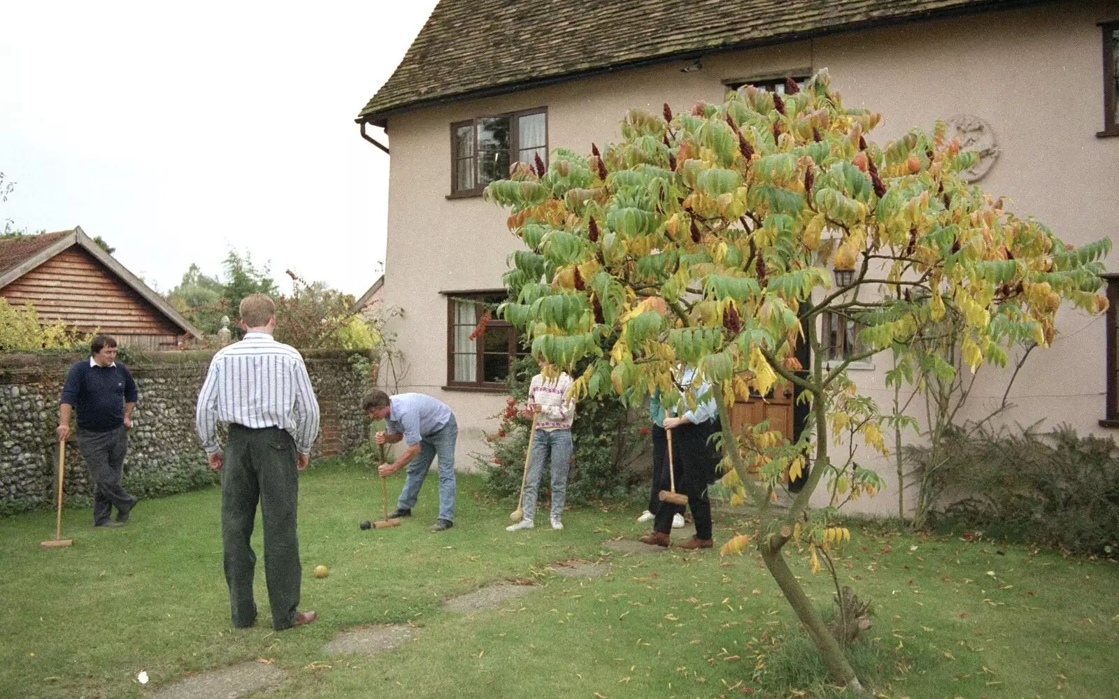 Geoff bends over for a shot, from Croquet, and Printec at the Railway Tavern, Stuston and Diss - 30th September 1990