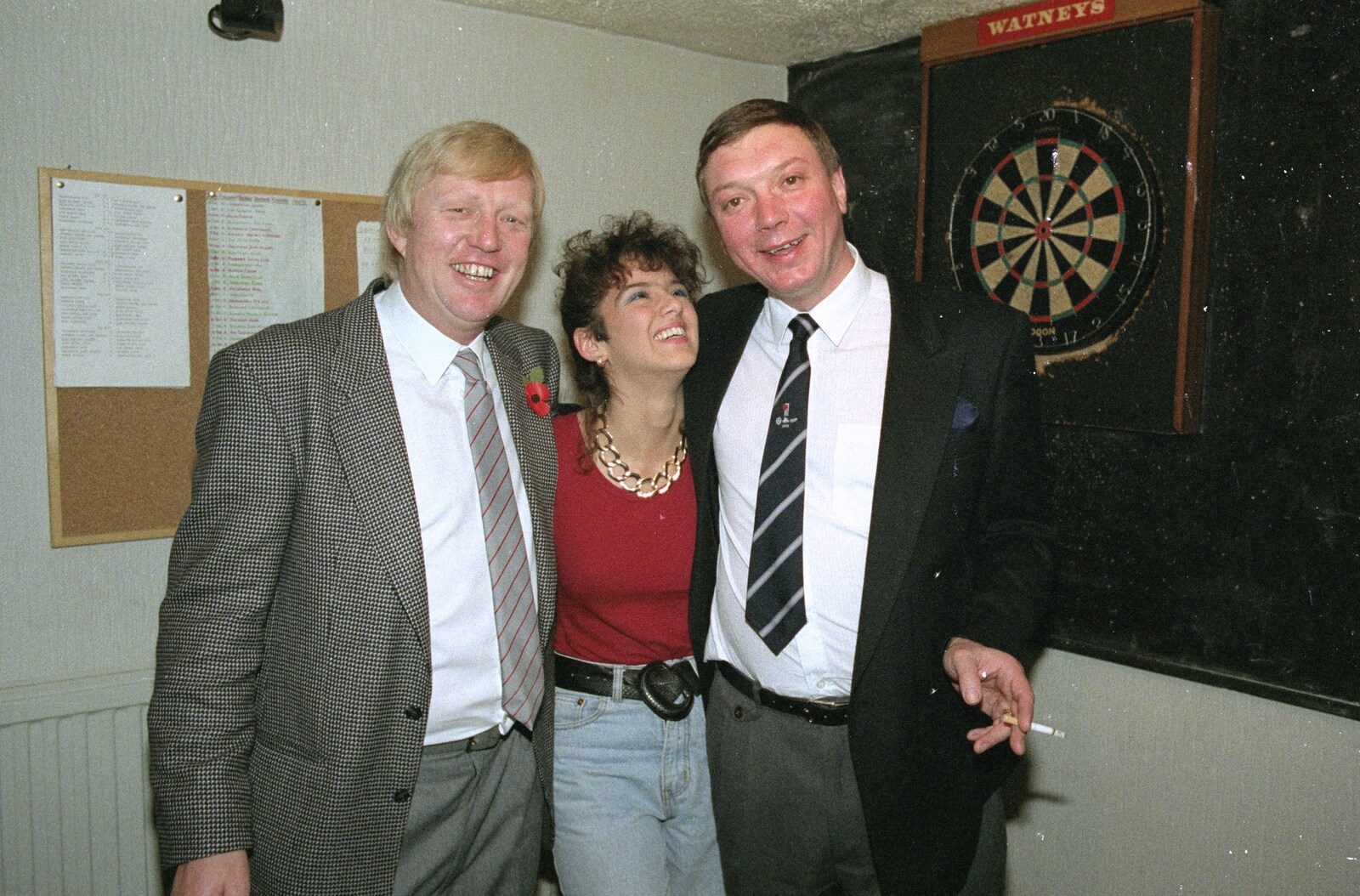 Alan, Rachel and Bill by the dartboard from Croquet, and Printec at the Railway Tavern, Stuston and Diss - 30th September 1990