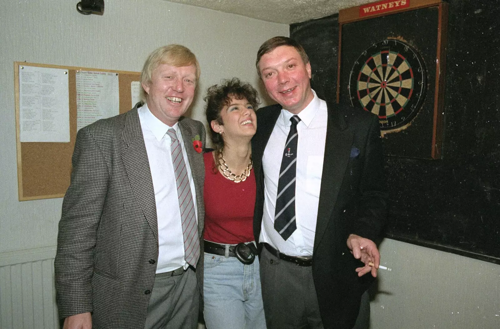 Alan, Rachel and Bill by the dartboard, from Croquet, and Printec at the Railway Tavern, Stuston and Diss - 30th September 1990