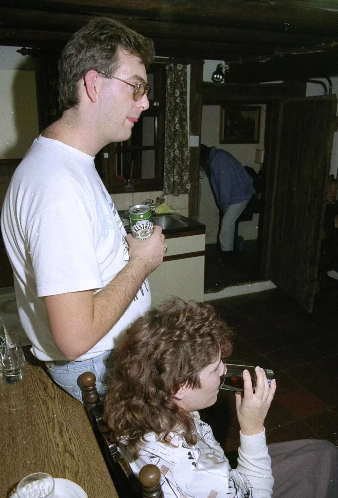 Steve slurps from a can of Kestrel, from The Old Redgrave Petrol Station, and some Hand Bells, Suffolk and Long Stratton - 8th October 1990