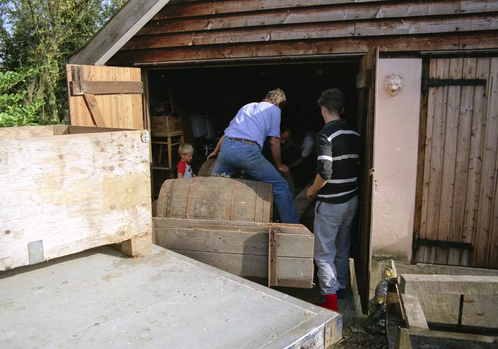 Geoff gets the barrels out of the garage, from The Annual Cider Making Event, Stuston, Suffolk - 11th October 1990