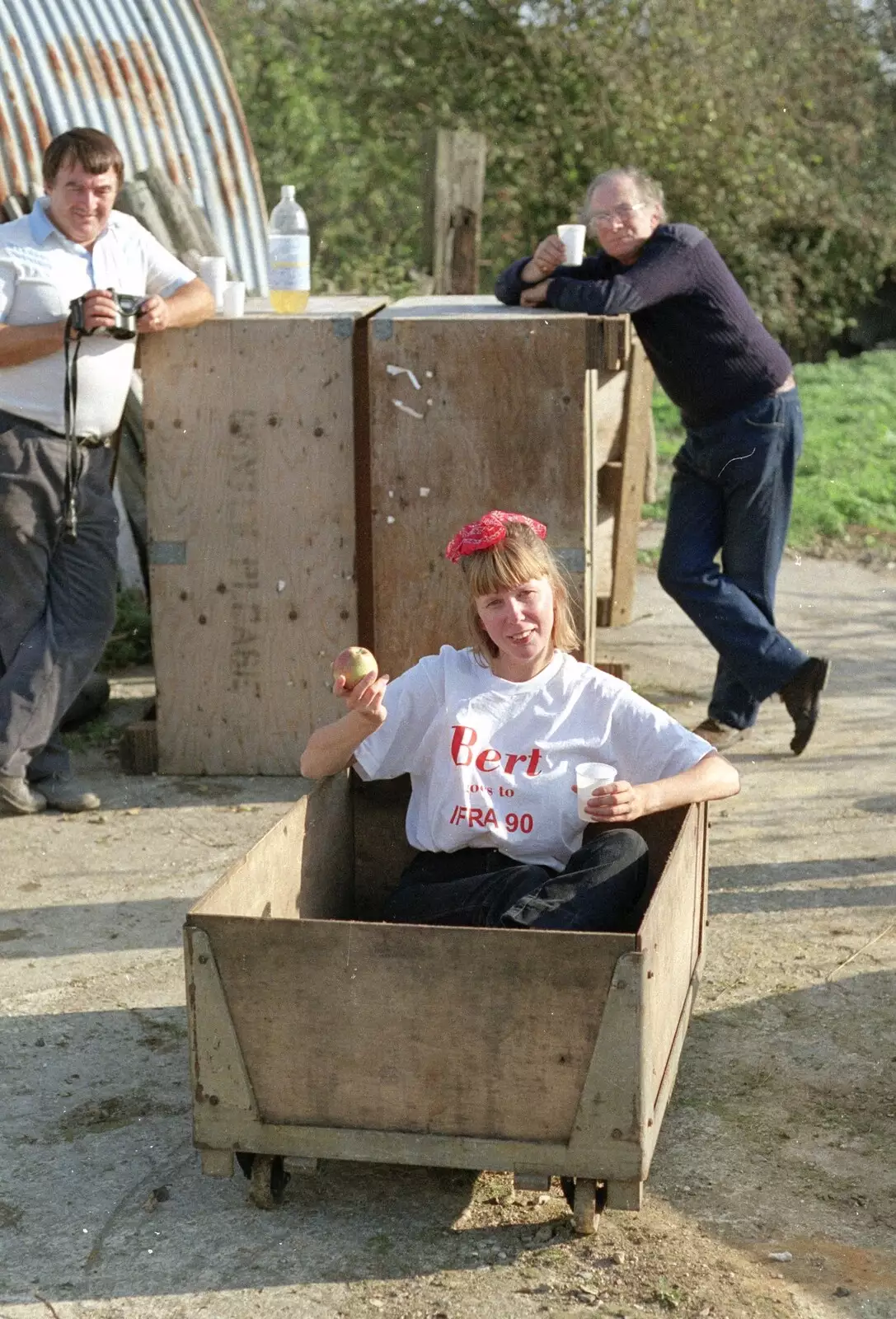 Janet Jowett sits in a trolley, from The Annual Cider Making Event, Stuston, Suffolk - 11th October 1990