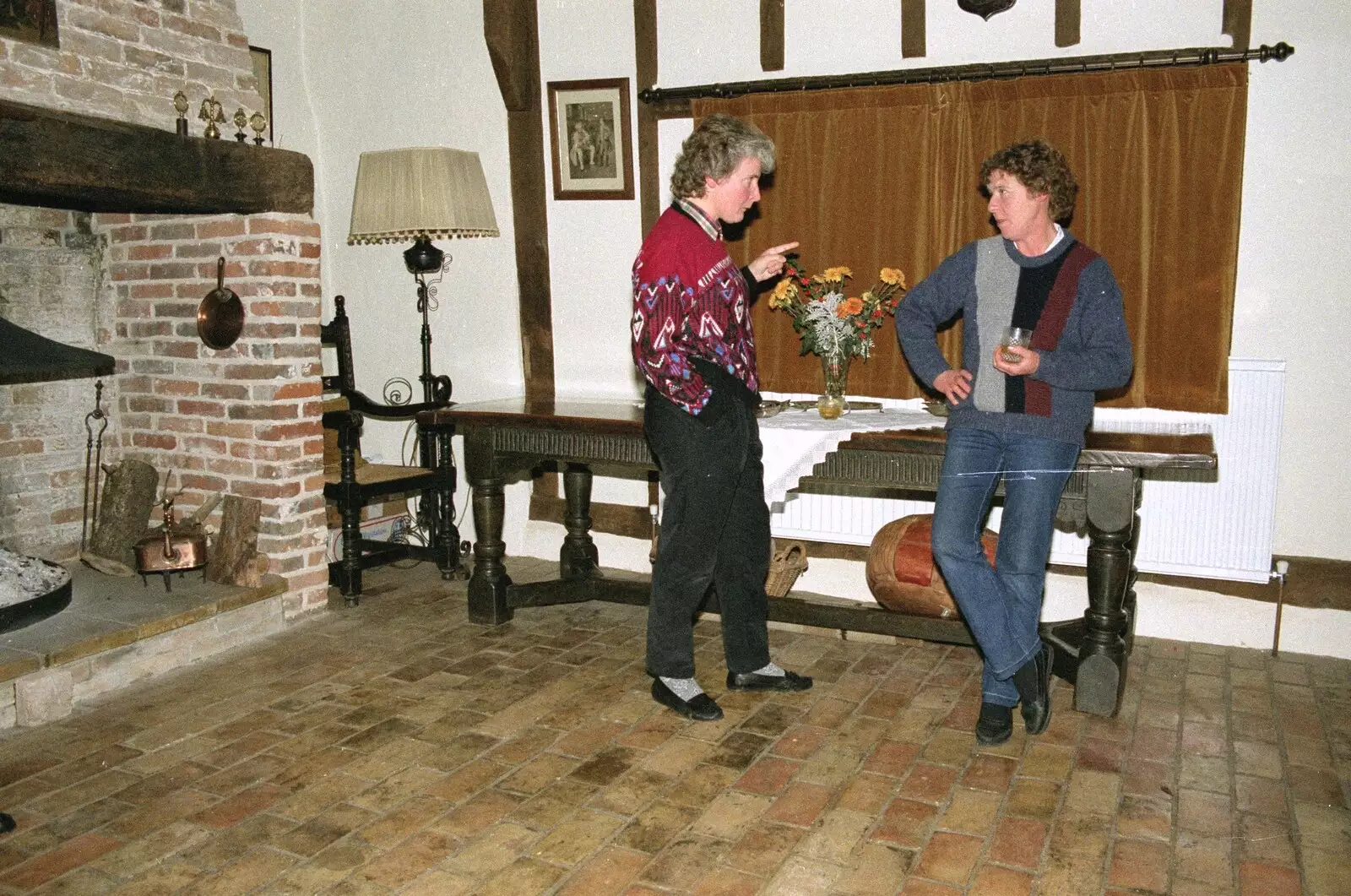 Linda and Brenda discuss something, from Bonfire Night, Stuston, Suffolk - 5th November 1990