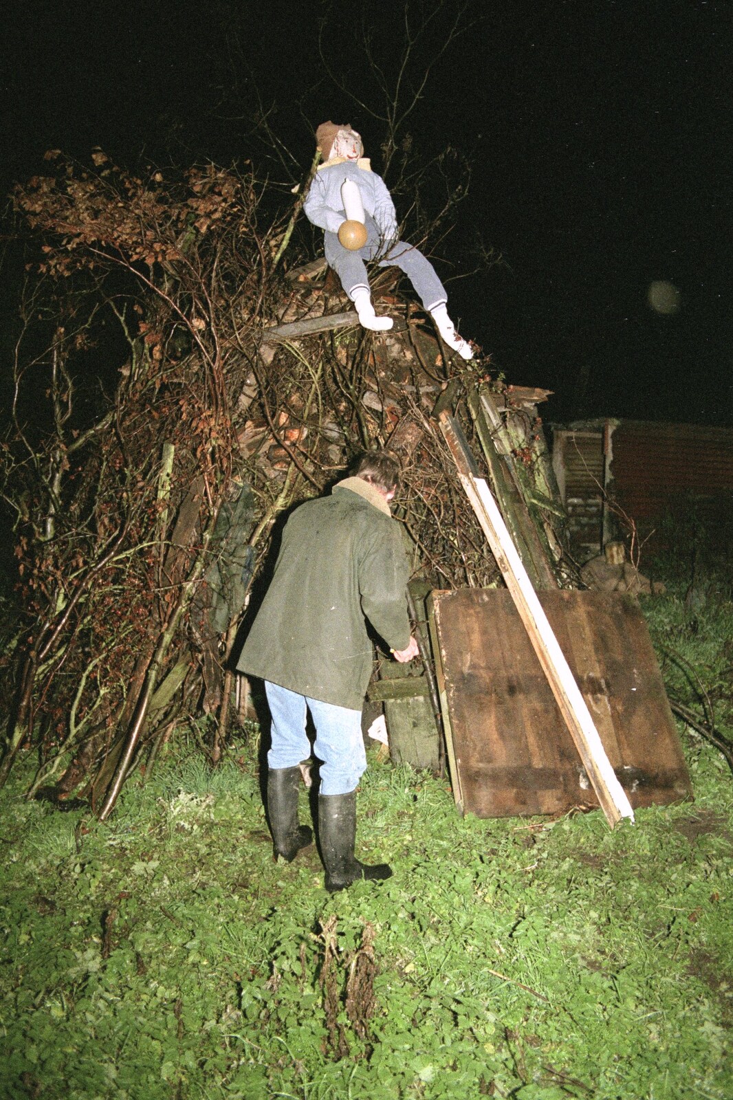 Geoff gets ready to light the bonfire from Bonfire Night, Stuston, Suffolk - 5th November 1990