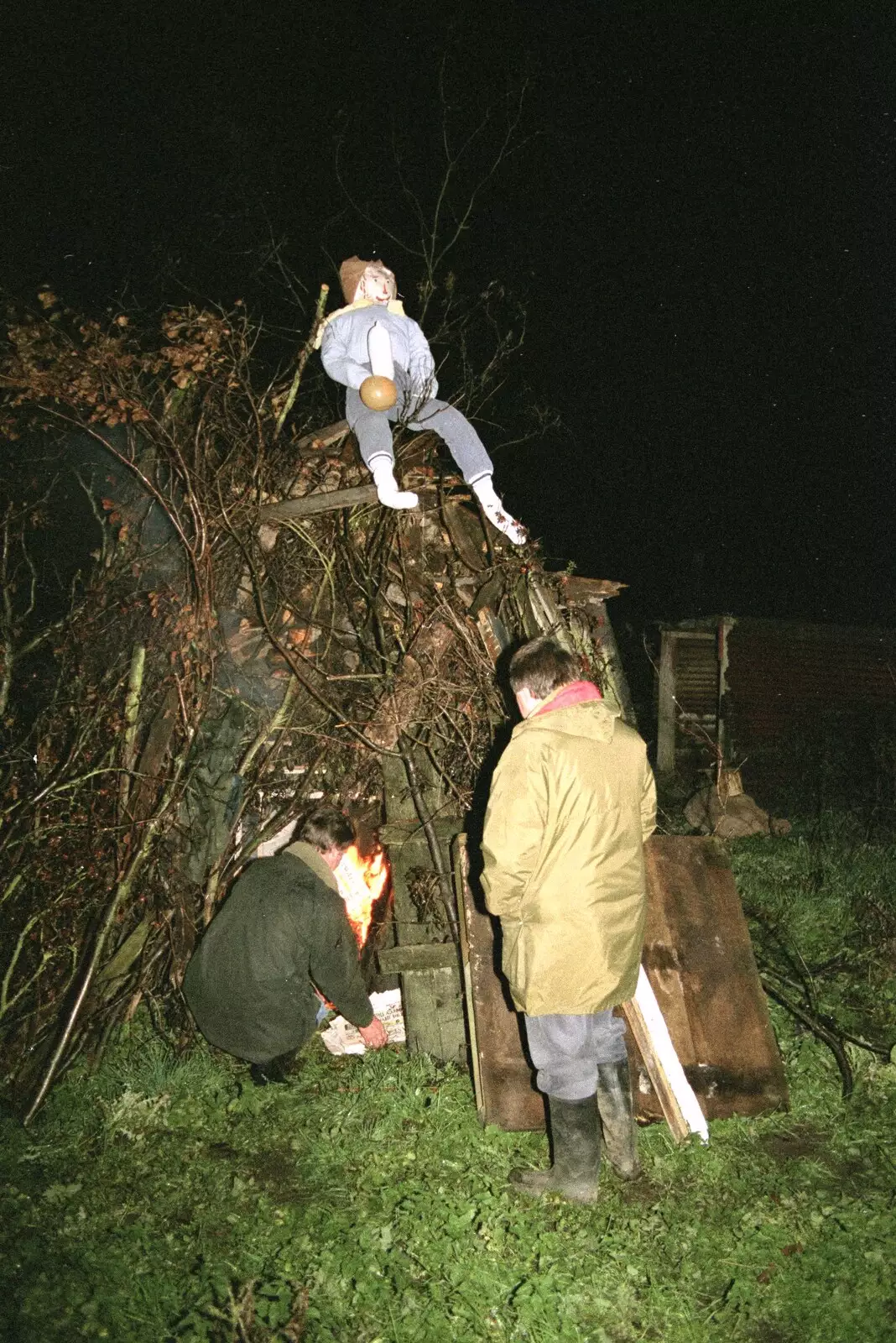 Geoff lights the bonfire, from Bonfire Night, Stuston, Suffolk - 5th November 1990