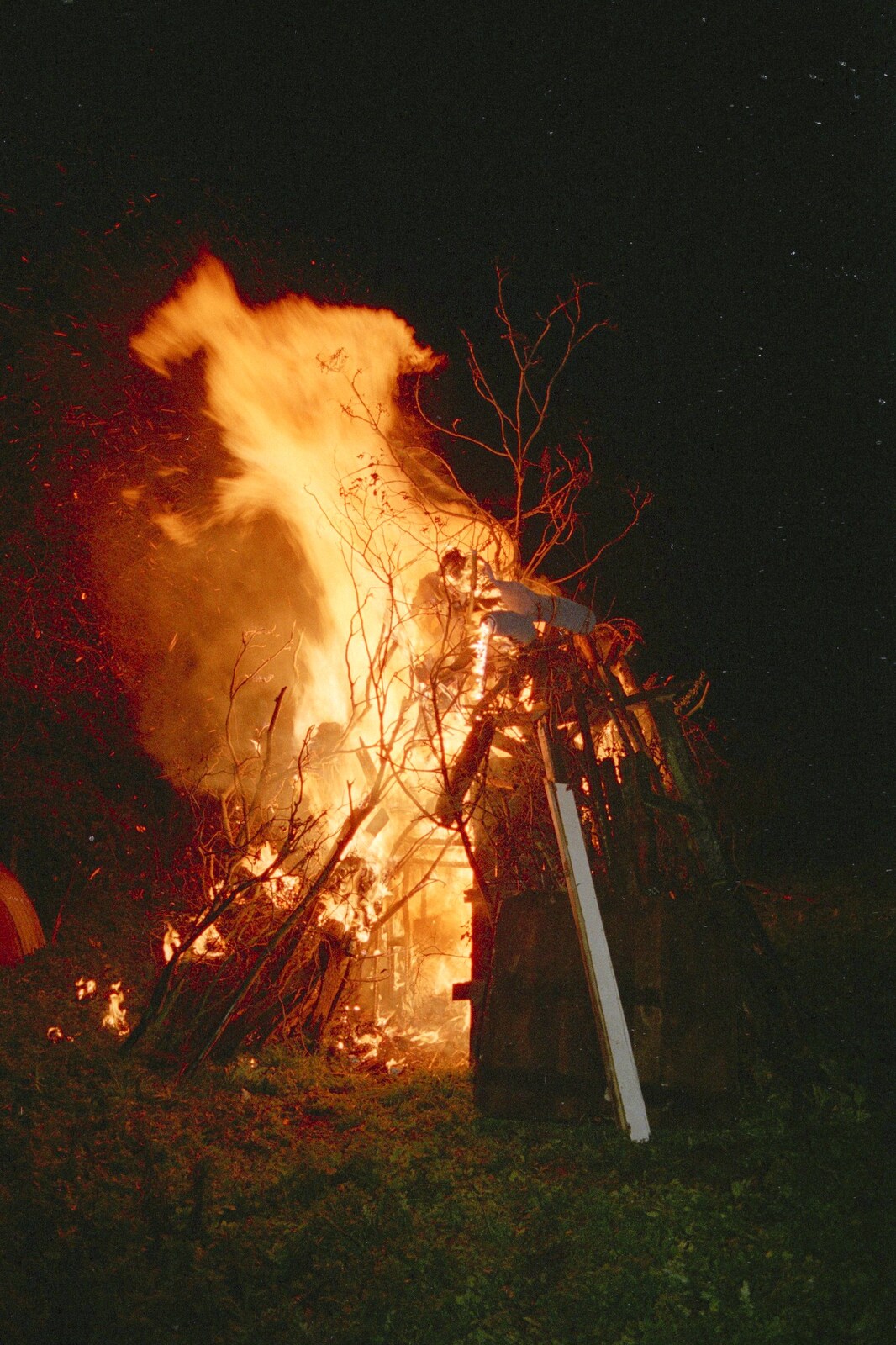 The bonfire goes up quickly from Bonfire Night, Stuston, Suffolk - 5th November 1990
