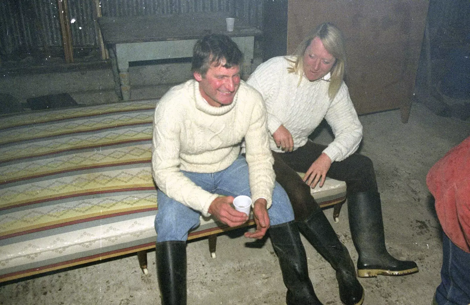 Geoff and Sue sit on an old bed, from Bonfire Night, Stuston, Suffolk - 5th November 1990