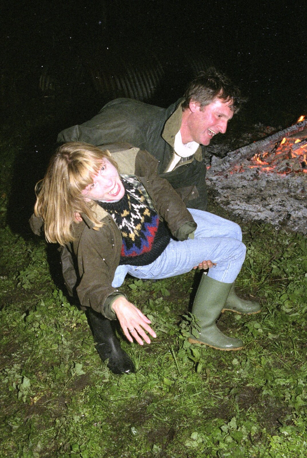 Geoff scoops up Janet from Bonfire Night, Stuston, Suffolk - 5th November 1990