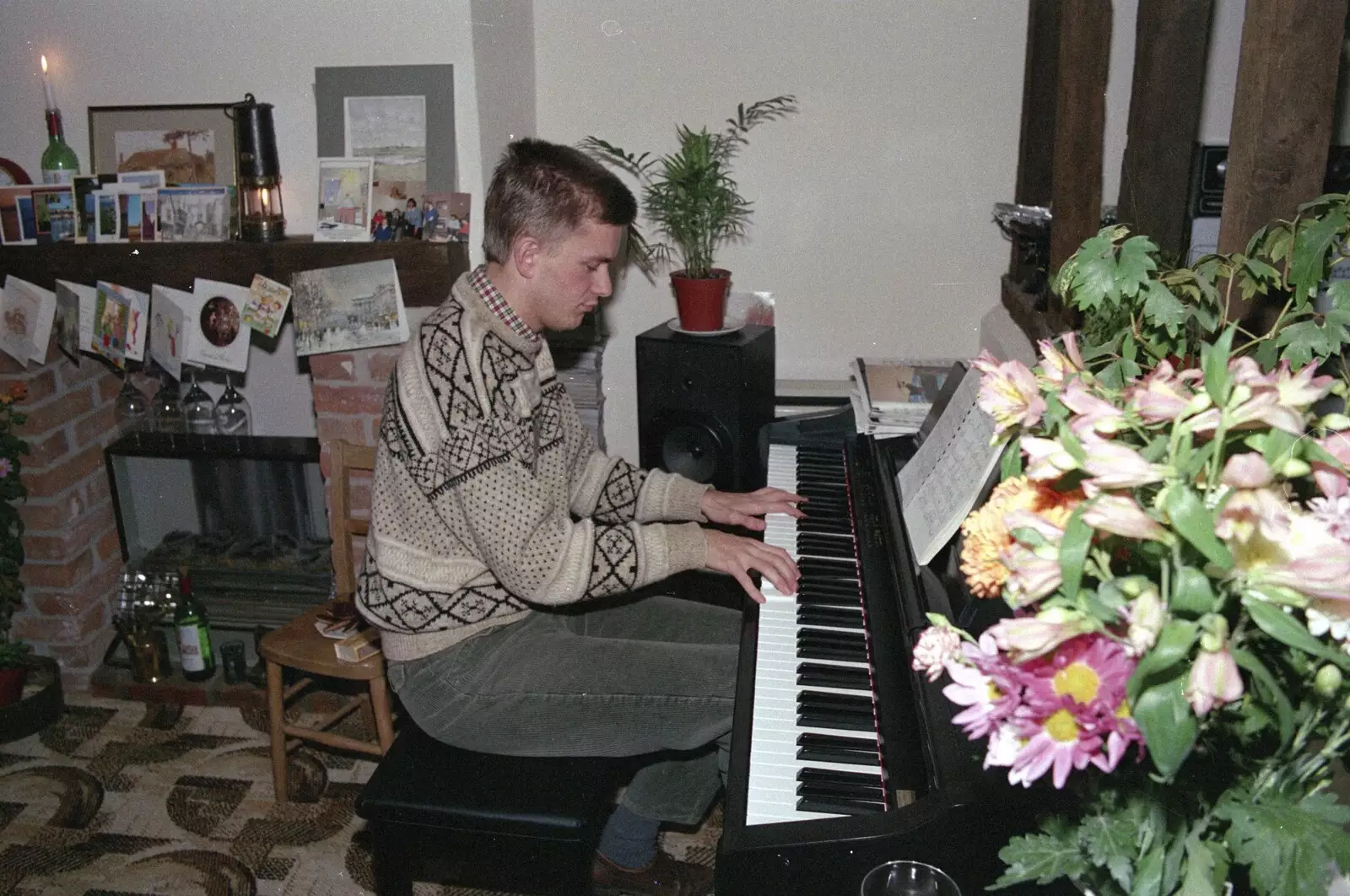 Nosher plays piano, from Carol Singing and Late Night Shopping, Stuston, Diss and Harleston, Norfolk - 16th December 1990