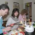 Angela spears a chunk of bread as we eat fondue, Totnes Pre-Christmas, Devon - 19th December 1990