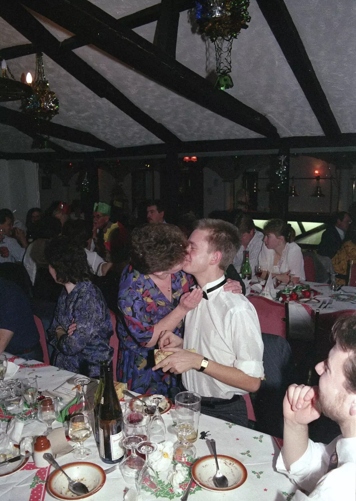 Nosher gets a kiss from Crispy, from Printec's Christmas Dinner, Harleston, Norfolk - 22nd December 1990