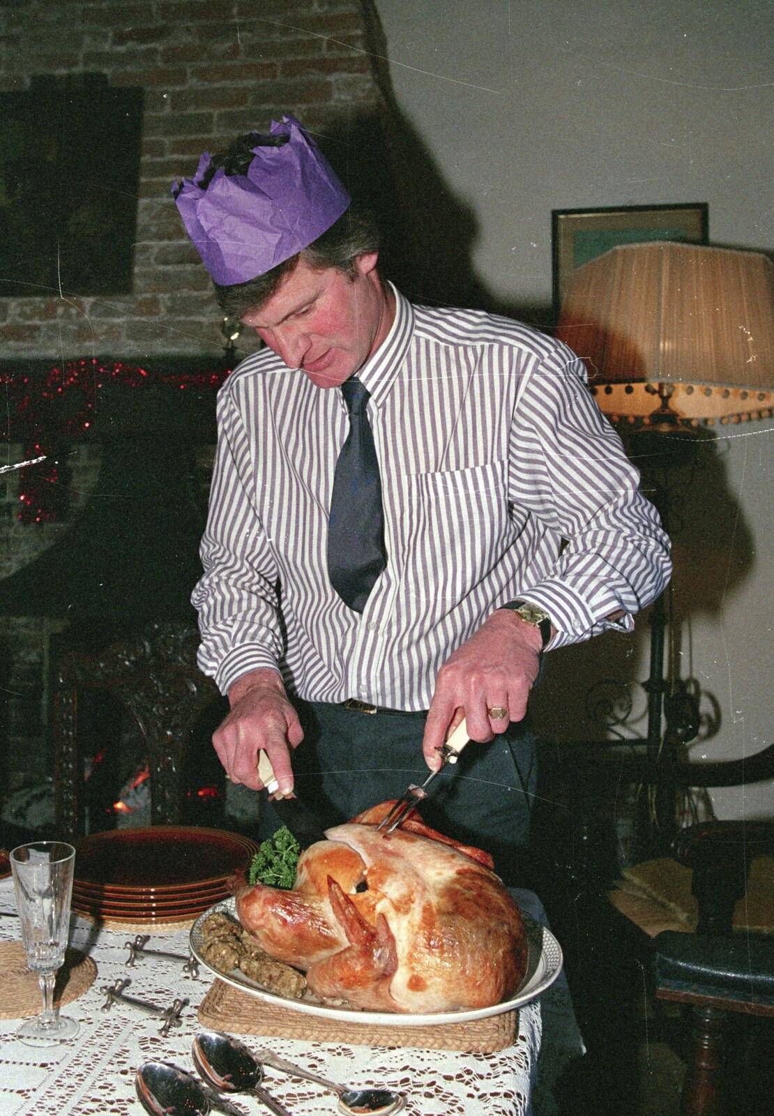 Geoff carves up the turkey from Christmas Dinner with Geoff and Brenda, Stuston, Suffolk - 25th December 1990