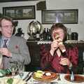 Brenda gets a cracker, Christmas Dinner with Geoff and Brenda, Stuston, Suffolk - 25th December 1990