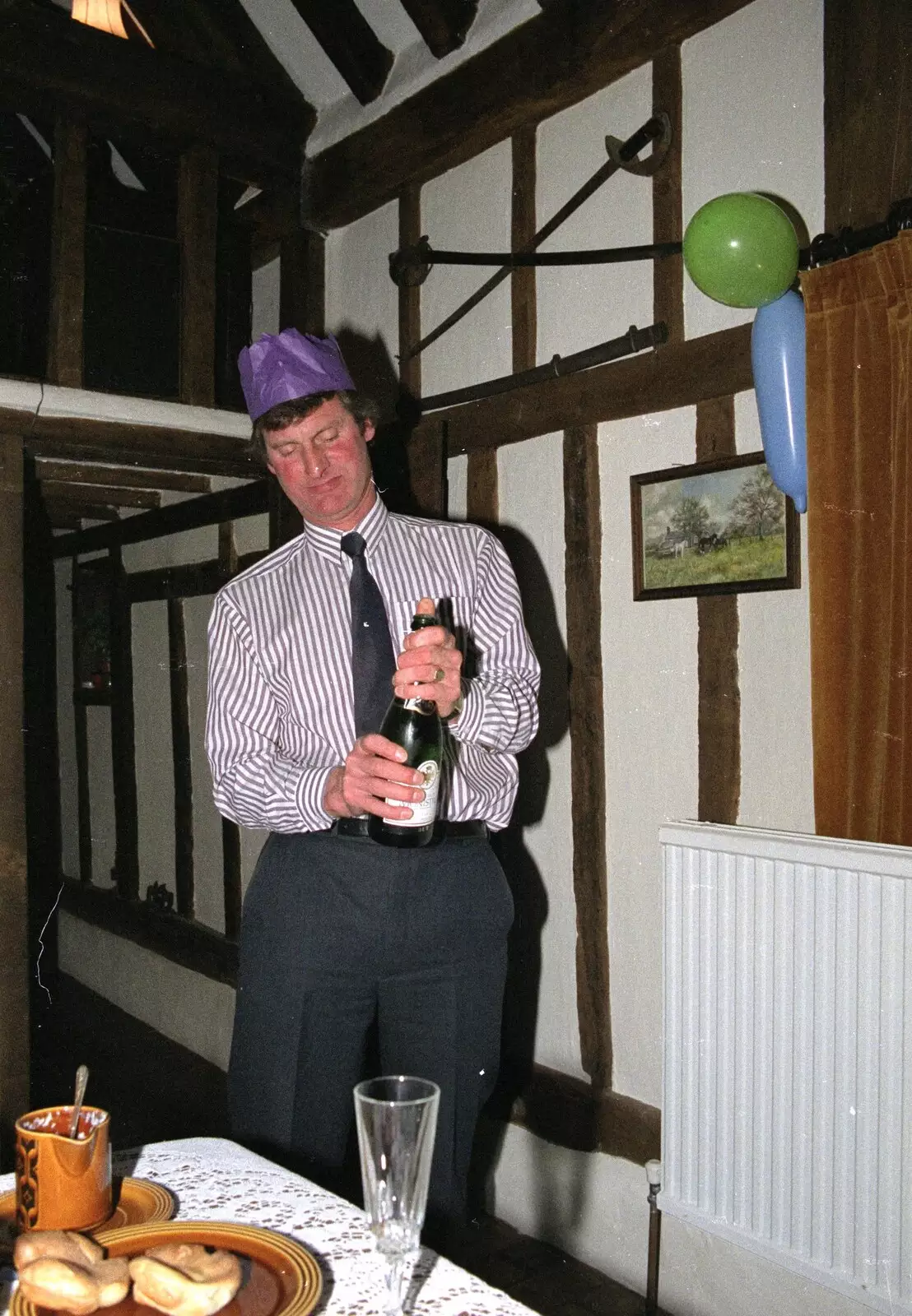 Geoff pops his cork, from Christmas Dinner with Geoff and Brenda, Stuston, Suffolk - 25th December 1990