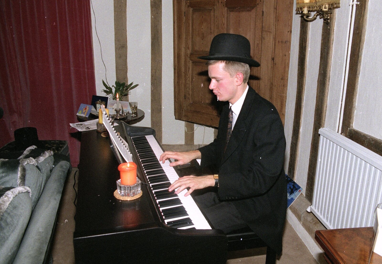 Nosher plays piano from Christmas Dinner with Geoff and Brenda, Stuston, Suffolk - 25th December 1990