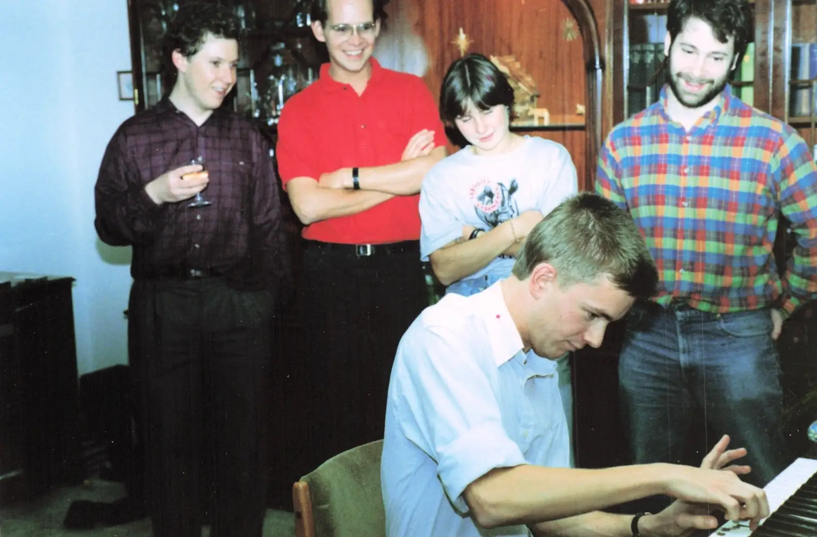 Nosher pokes a key on the keyboard, from New Year's Eve at Phil's, Hordle, Hampshire - 31st December 1990