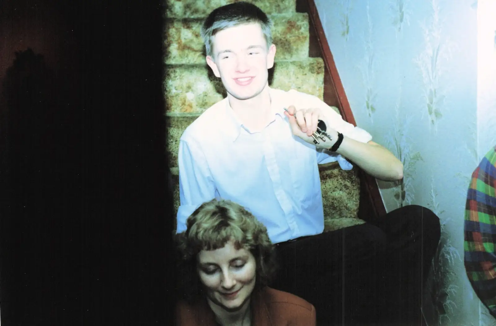 Nosher on the stairs, from New Year's Eve at Phil's, Hordle, Hampshire - 31st December 1990