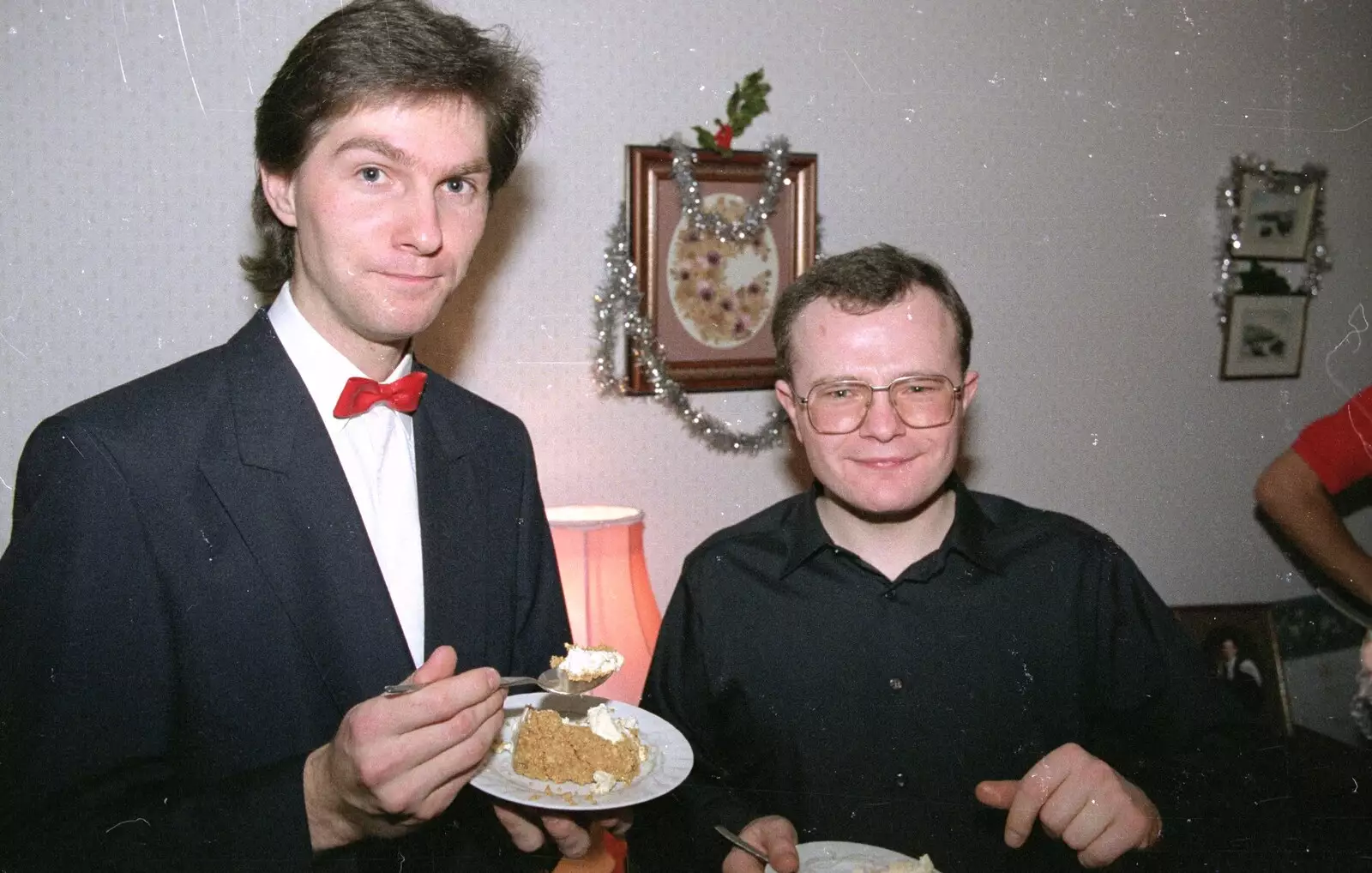 Sean, Hamish and some cheesecake, from New Year's Eve at Phil's, Hordle, Hampshire - 31st December 1990