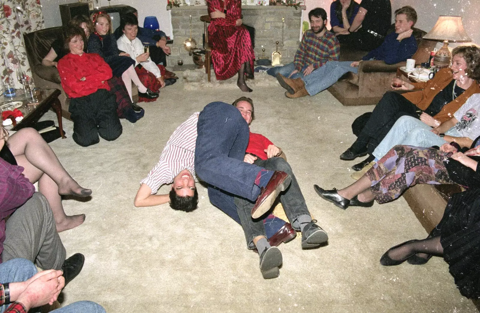 Nigel and Phil wrestle, from New Year's Eve at Phil's, Hordle, Hampshire - 31st December 1990