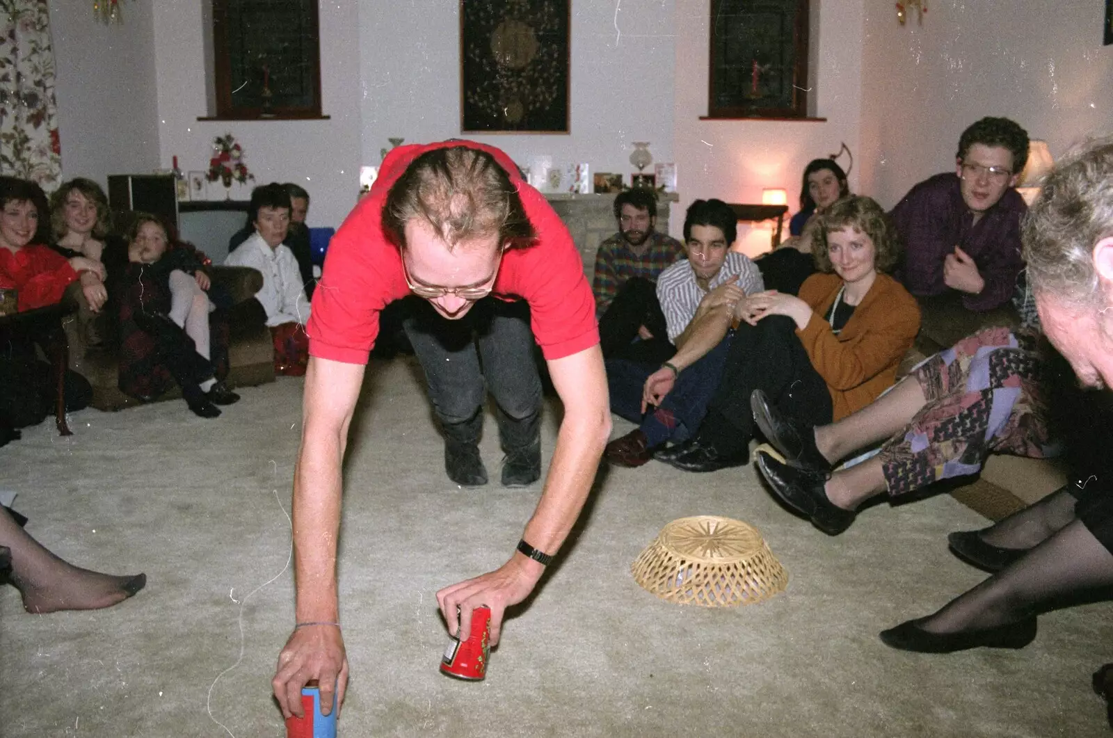 Phil does a thing involving walking on cans, from New Year's Eve at Phil's, Hordle, Hampshire - 31st December 1990