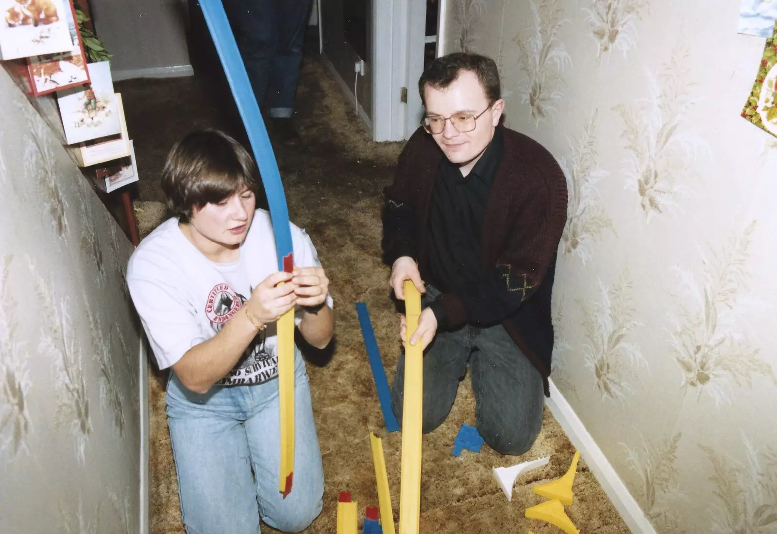 Hamish helps out with a bit of Hot Wheels, from New Year's Eve at Phil's, Hordle, Hampshire - 31st December 1990