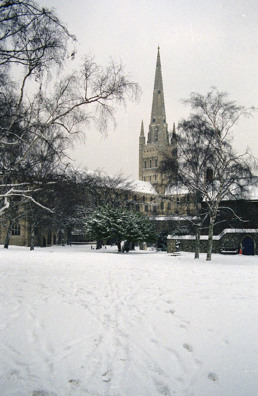 The spire of Norwich Cathedral from Snow Days, Stuston and Norwich, Suffolk and Norfolk - 4th February 1991