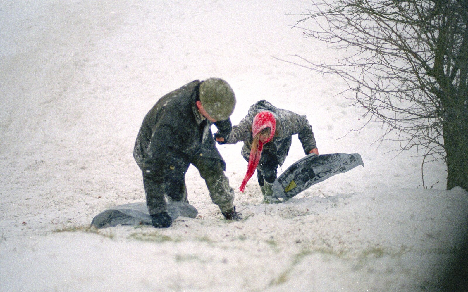Geoff gives Janet a hand from Sledging on the Common and Some Music, Stuston, Suffolk - 5th February 1991