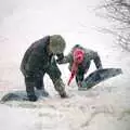 Geoff gives Janet a hand, Sledging on the Common and Some Music, Stuston, Suffolk - 5th February 1991