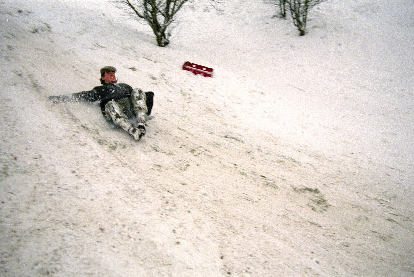 Geoff hurtles down the hill from Sledging on the Common and Some Music, Stuston, Suffolk - 5th February 1991