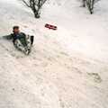 Geoff hurtles down the hill, Sledging on the Common and Some Music, Stuston, Suffolk - 5th February 1991