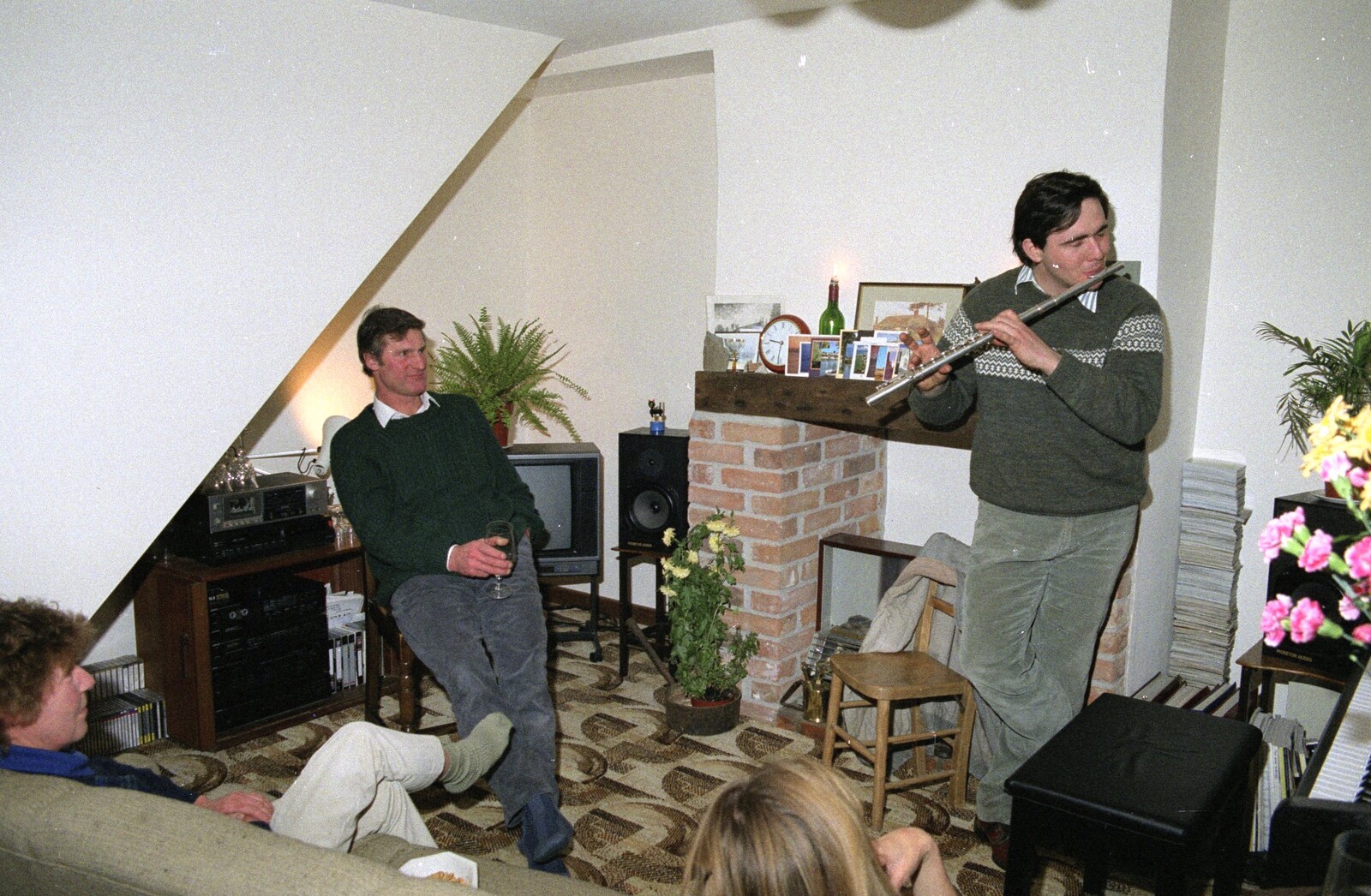 Geoff watches as David plays flute from Sledging on the Common and Some Music, Stuston, Suffolk - 5th February 1991