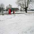Stuston's red K6 phone box in the snow, Sledging on the Common and Some Music, Stuston, Suffolk - 5th February 1991