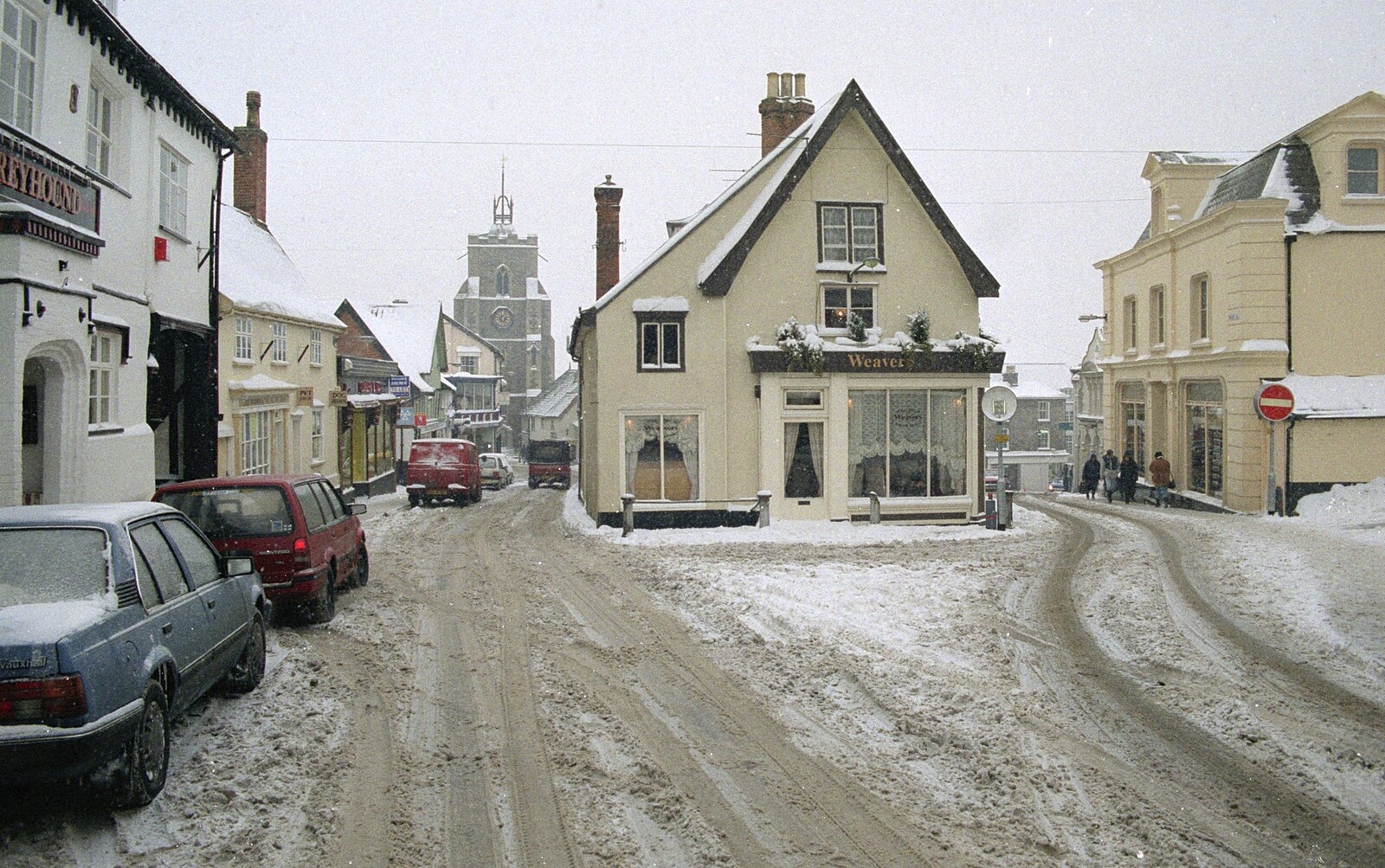 Weavers on St. Nicholas Street in Diss from Sledging on the Common and Some Music, Stuston, Suffolk - 5th February 1991
