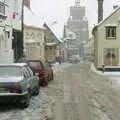 Cars in the snow on St. Nicholas Street, Sledging on the Common and Some Music, Stuston, Suffolk - 5th February 1991