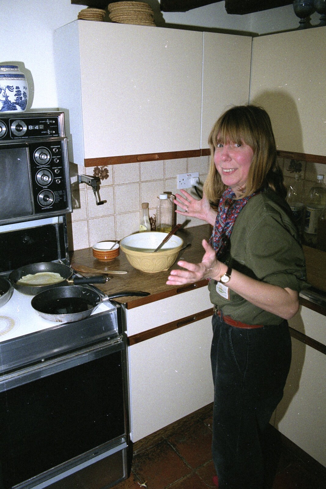 Janet introduces the pancake implements from Pancake Day, Stuston, Suffolk - 18th February 1991