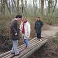 David, Janet and Brenda on a log bridge, A Walk in Tyrrel's Wood, Pulham St. Mary, Norfolk - 23rd February 1991