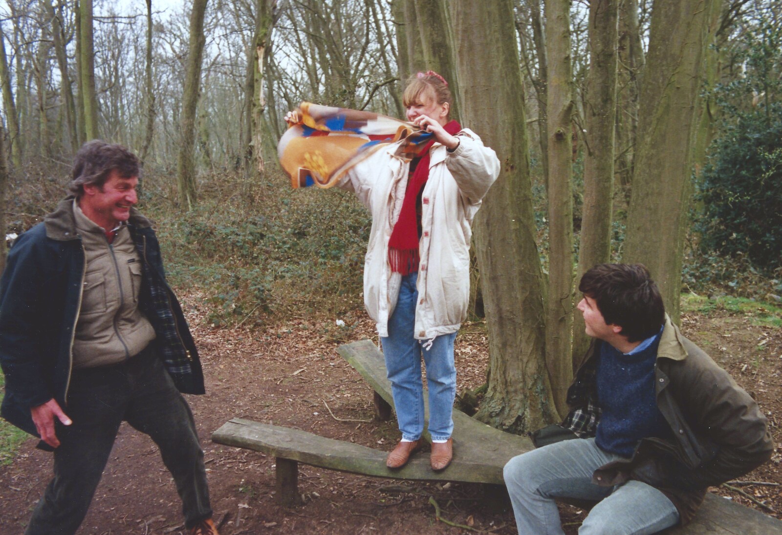 Janet waves her scarf around from A Walk in Tyrrel's Wood, Pulham St. Mary, Norfolk - 23rd February 1991