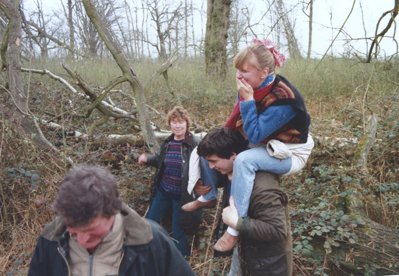 Janet gets a piggy-back from A Walk in Tyrrel's Wood, Pulham St. Mary, Norfolk - 23rd February 1991