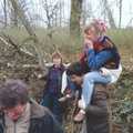 Janet gets a piggy-back, A Walk in Tyrrel's Wood, Pulham St. Mary, Norfolk - 23rd February 1991