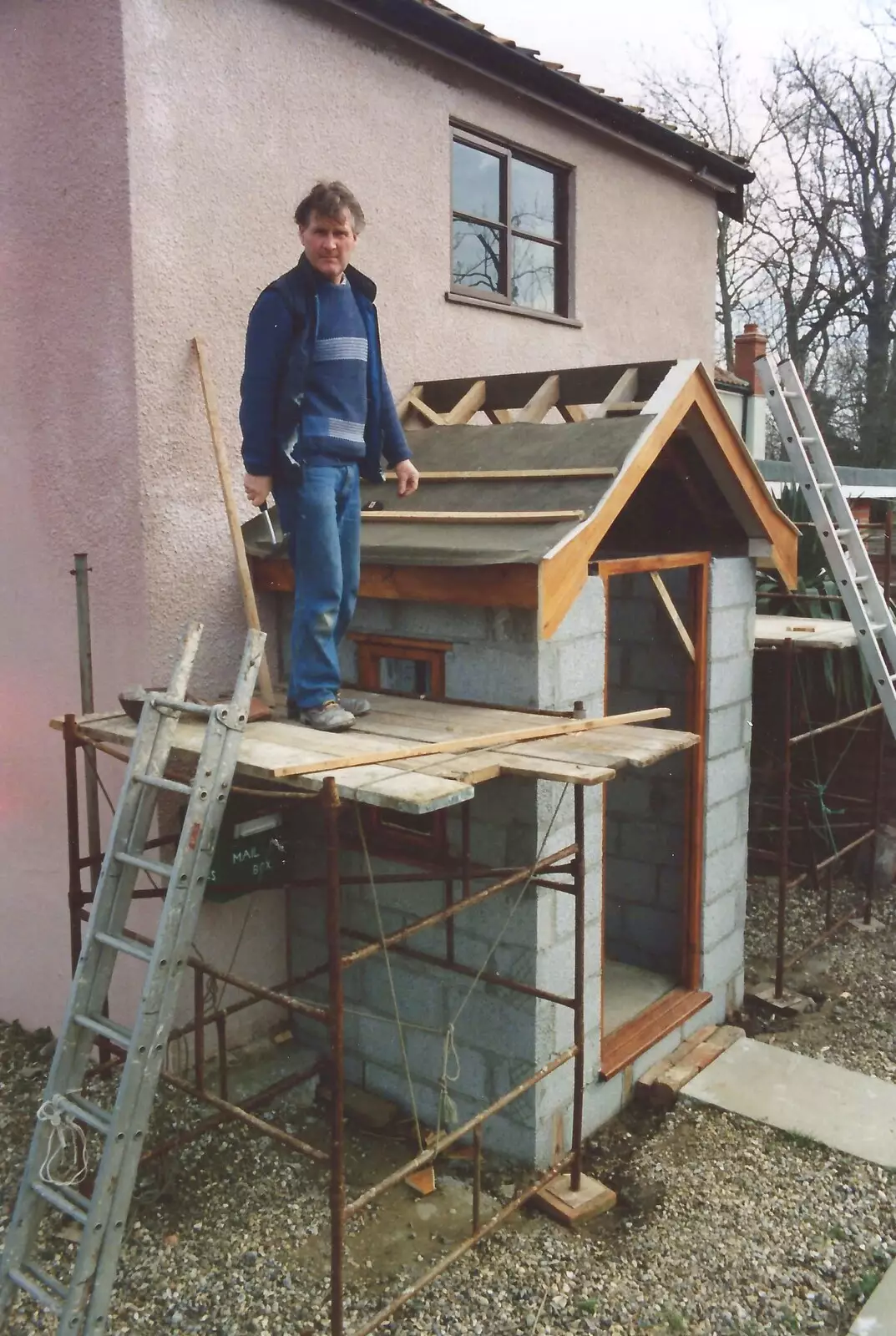 Bernie's getting the roof on the porch, from Bernie and the Porch, The Stables, Stuston, Suffolk - 15th March 1991