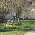 'Mad' Sue is mowing the lawn, Bernie and the Porch, The Stables, Stuston, Suffolk - 15th March 1991